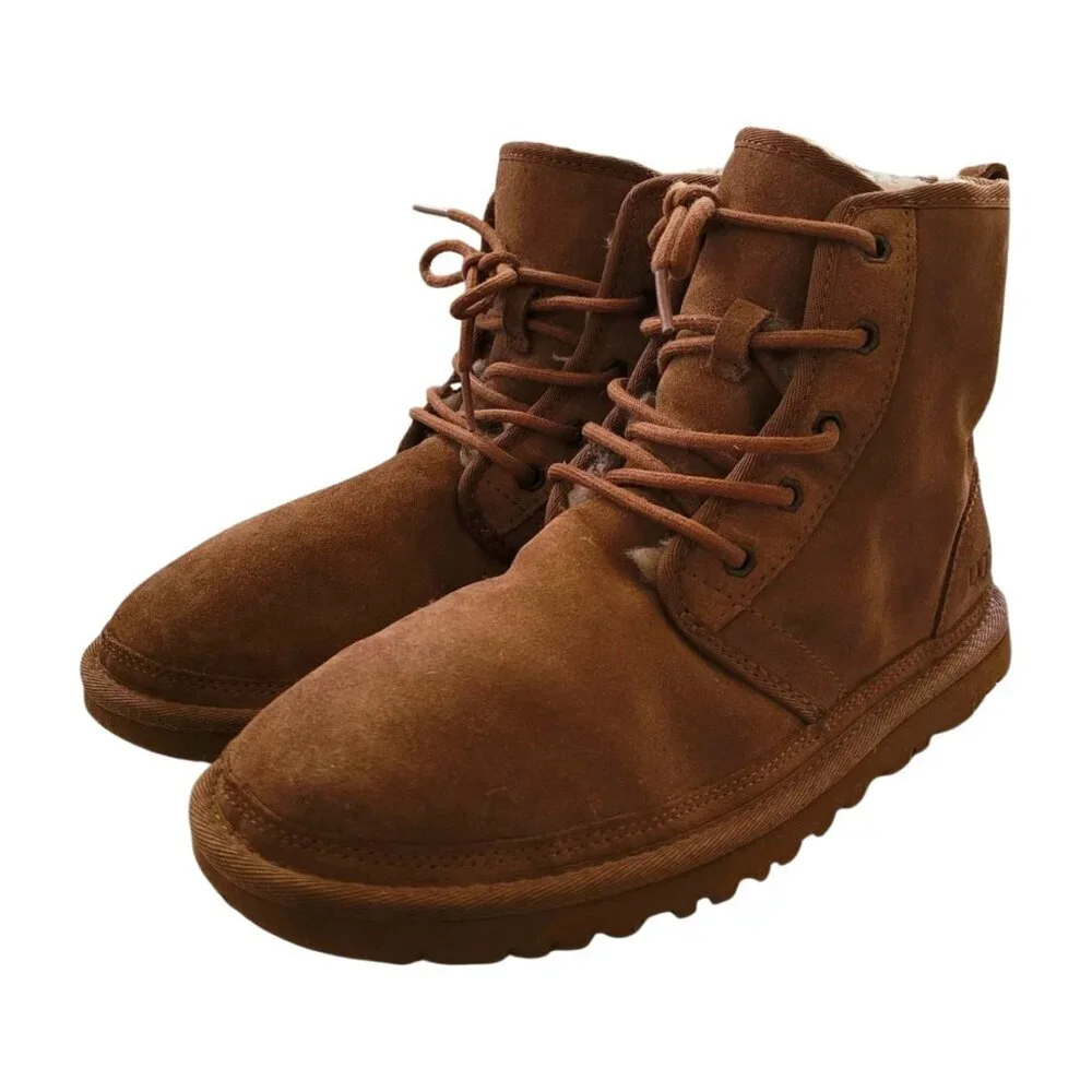 UGG Harkley Brown Boots Men's 8 Womens 10 Ankle Lace Up Suede Shearling Lined